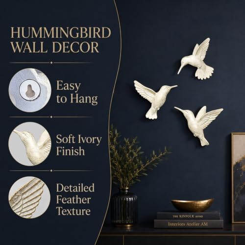 GUSFREUD 3D Hummingbird Wall Decor Set - Gold Resin Bird Wall Decor for Living Room, Bedroom and Gallery Walls - Ivory