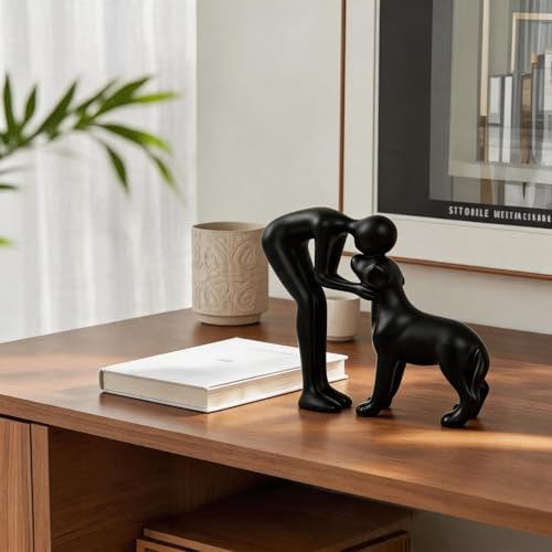Abstract Person and Dog Sculpture Head-to-Head Figurine Black