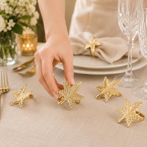 ALPHA Living HOME Leaf Decor Napkin Rings - 12 Pcs Modern Napkin Ring Dining Metal Table Décor for Wedding, Holiday, Thanksgiving, Christmas, Formal Dining & Special Occasions (Gold)