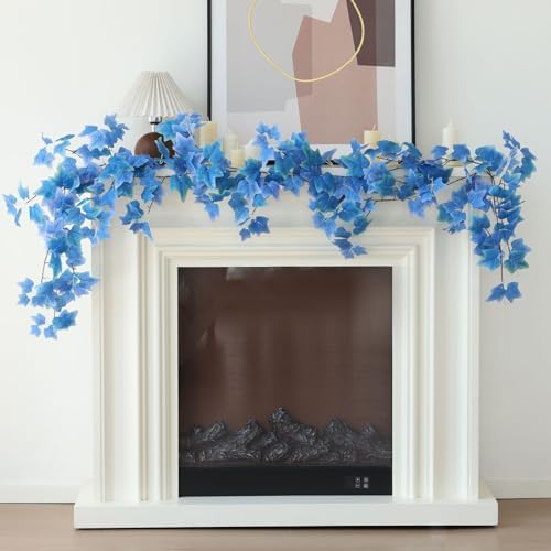 Mizii 2 Strands Artificial Vines Blue Ivy Garland 74" Fake Vine with Silk Leaves Faux Hanging Plants Greenery Decoration for Outdoors Wedding Party Indoor Bedroom Home Wall Room Decor (Blue)