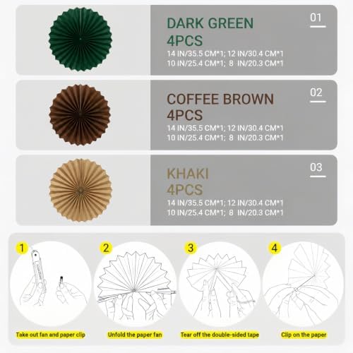 AimtoHome Green Brown Kraft Round Hanging Paper Fans 12 Pack