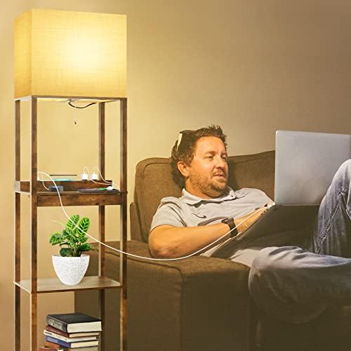 RUNTOP Floor Lamp with Shelves, Plus Shelf Lamp with Wireless Charger, 2 USB Port and Outlet, 1 Drawer, 15W LED Bulb, 3