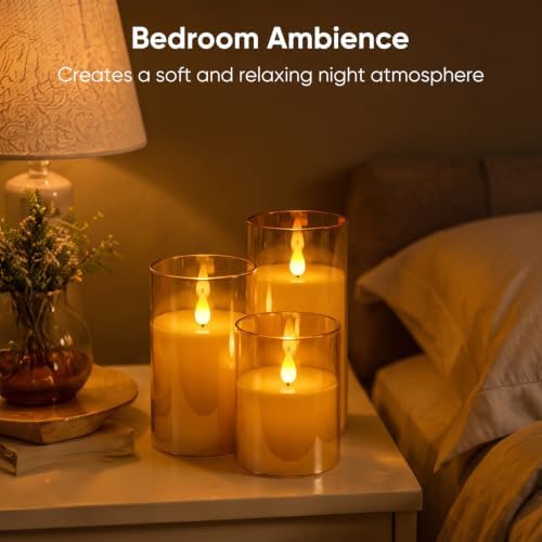 Homemory Amber Flameless Candles, Battery Operated Acrylic LED Pillar Candles with Remote Timer, Realistic Flickering Fake Candles for Home Decor, Thanksgiving, Christmas, Wedding, Set of 3