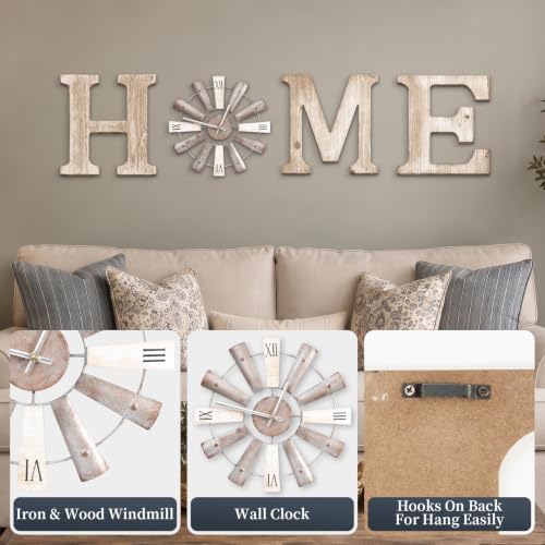 Farmhouse Home Signs with Windmill Clock Wall Decor Rustic Home Letters Wall Art for Living Room Kitchen Entryway