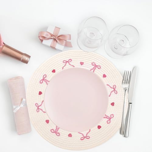 Whaline 4 Pcs Round Placemats White Pink Bow Embroidered Place Mats Coquette Bowknot Heart Dinner Table Mats for Home Wedding Baby Shower Birthday Party Decor
