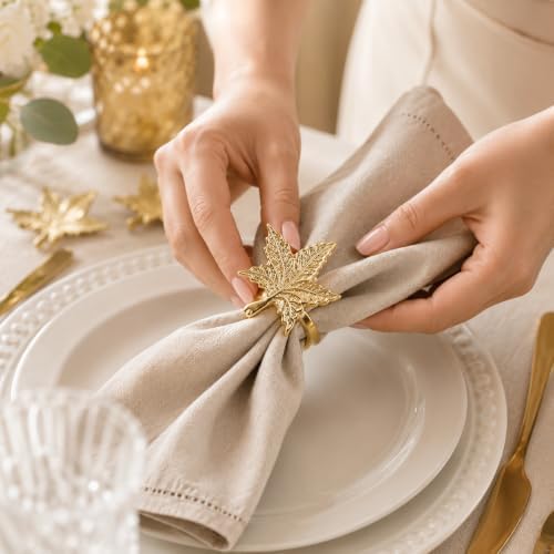 ALPHA Living HOME Leaf Decor Napkin Rings - 12 Pcs Modern Napkin Ring Dining Metal Table Décor for Wedding, Holiday, Thanksgiving, Christmas, Formal Dining & Special Occasions (Gold)