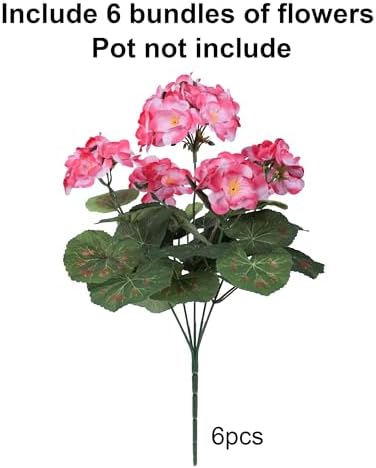 Artificial Geranium Fake Flowers for Outdoors Decoration, 6 Bundles Silk Geraniums Pink Flower UV Resistant Look Real Faux Plants for Outside Planter Front Door Garden Porch Patio Balcony Yard Home