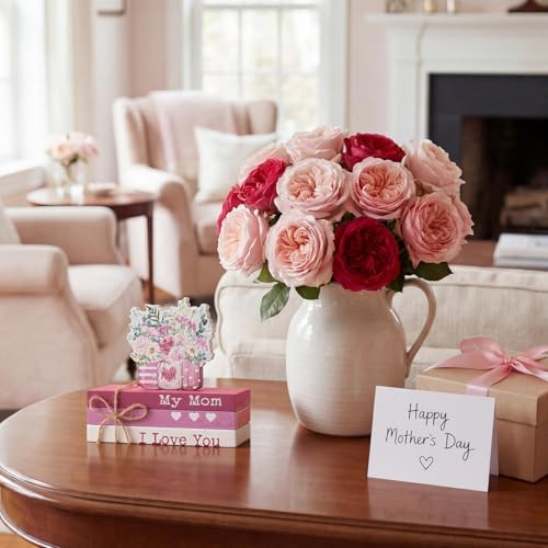 Smile 4pcs Mother's day Indoor Decorations Wooden Decor Table Centerpiece Love My Mom Wooden Plaque Ornaments for Home Kitchen
