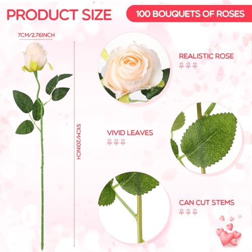 Jexine 100 Pcs Artificial Roses Flowers Bulk, Beige