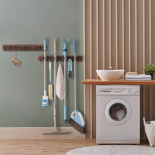 OUTNILI 2 Pack Mop Broom Holder Wall Mount - Wood Broom Mop Hanger - Wall Mounted Garden Tool Rack Organizer for Closet