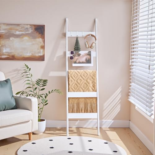 HOOBRO Blanket Ladder, 5-Tier Towel Rack with Hooks, Wall-Leaning Blanket Rack, Decorative Display Ladder Shelf, for