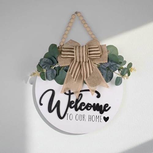 CondorPasea 3D Welcome Door Sign - 12" Round Solid Wooden Hanging Sign with Artificial Leaves & Rustic Beads, All