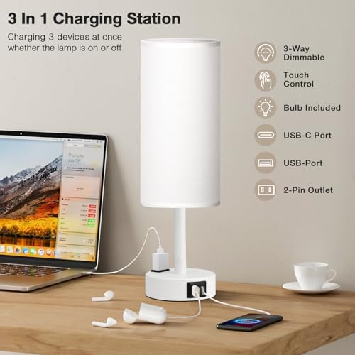 Fenmzee White Bedside Lamp for Bedroom, Dimmable Touch, USB A+C, AC Outlet