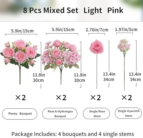 8 Pcs Mixed Artificial Peony Flowers Set-4 Bouquets & 4 Stems, Pink Fake Peony Rose Hydrangea Flowers for Vase Silk Floral Arrangements for Table Centerpiece Wedding Party Bridal Decoration Home Decor