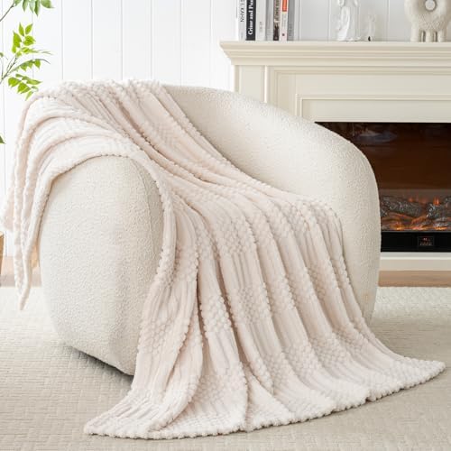 Beige Throw Blanket - Soft & Fluffy Fleece, Cute & Aesthetic, Perfect for Sofa, Couch, Chair, Bed, Living Room &