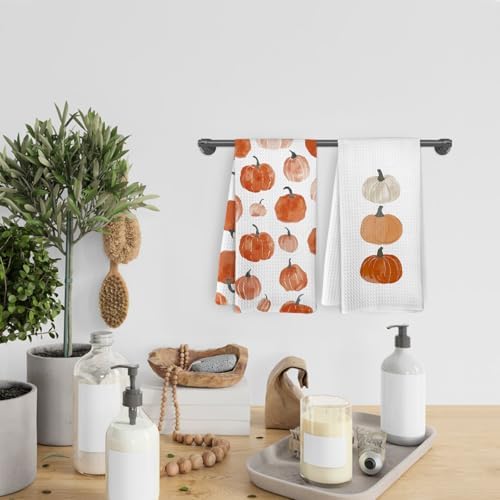 Fall Pumpkin Decor Kitchen Towels and Dishcloths Set of 2, Fall Thanksgiving Day Hand Dish Towel, Farmhouse Autumn Pumpkins Decorative Hand Tea Towels for Bathroom Kitchen, 16×24 Inch