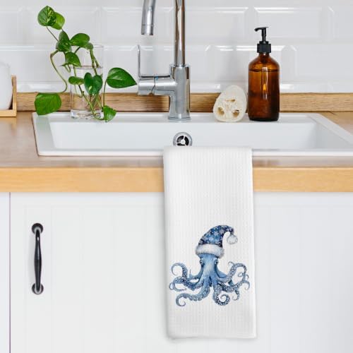 Blue Coastal Christmas Octopus Kitchen Dish Towels 16x24