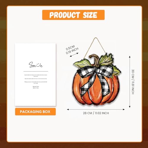 Smile Fall Thanksgiving Wooden Door Hanger Pumpkins Black White Plaid Bow