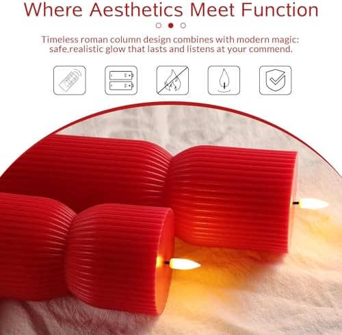 Red Ribbed Flameless Pillar Candles with Remote Set of 2
