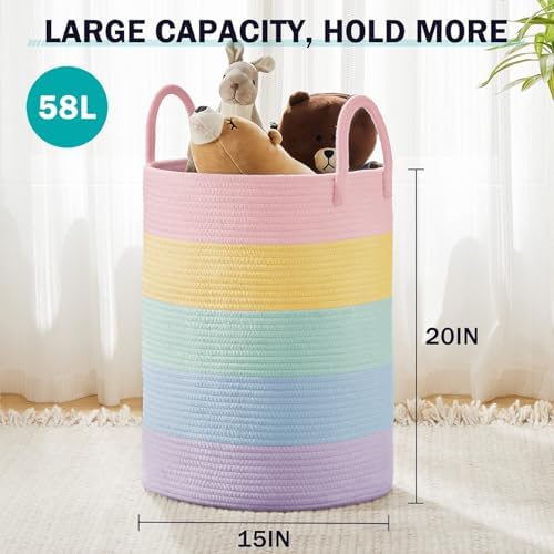 YOUDENOVA Cotton Rope Laundry Hamper Basket, 58L Blanket Basket for Nursery