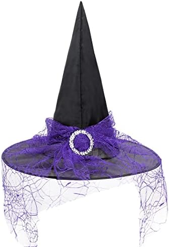 Witch Hat for Women Lace Halloween Costume Hat with Sparkling Buckle