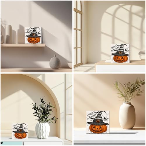 Happy Halloween Sign, Fall Halloween Pumpkin Decor, Jack o Lantern Wooden Square Sign for Home Office Desk Decor 5 x 5 Inches