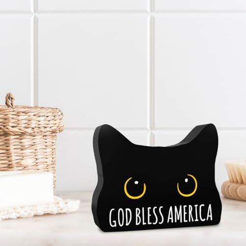 Black Cat Decor Cat Bathroom Decor God Bless America Funny Bathroom Acrylic Decors Sign Cat for Home Bathrooms Cats Lover Independence Day Decor decorativesignage1448