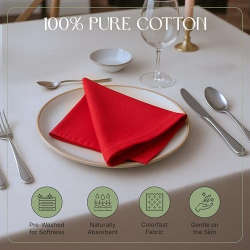 Cloth Napkins Set of 12, 100% Cotton Dinner Napkins for Thanksgiving, Christmas & Fall Entertaining, Washable Reusable Table Linens for Wedding & Everyday Use, 18 x 18 Inch, Red