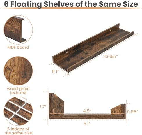 upsimples Floating Shelves for Wall Decor and Storage, Brown, 6Pcs 23.6''