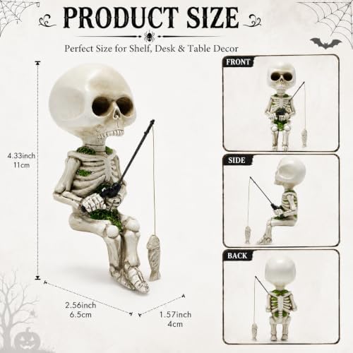 Fishing Skeleton Statue - Mini Skull Figurines Halloween Shelf Sitter Statue, Resin Skull Fisher Sculpture for Aquarium and Garden Pond Edge Ornament Fish Tank Halloween Decorations