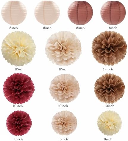 Burgundy Brown Beige Boho Party-Decorations - 20pcs Dusty Pink Fall Birthday Paper Lanterns Fans,Tissue Pom Poms,Honeycomb Balls,Autumn Wedding Bridal Shower Rustic Neutral Baby Decor Burgleda
