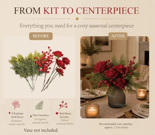 Christmas Centerpiece Kit, Artificial Flowers with Red Roses, Berries & Pine