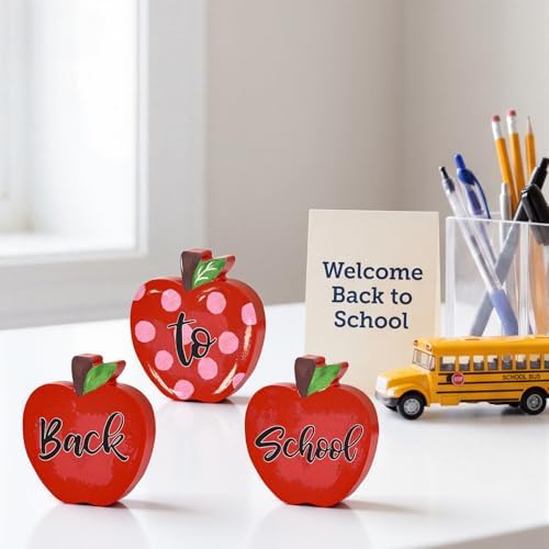 Smile Back to School Wooden Tabletop Decor - Red Apple "Back to School" Desktop Signs - Classroom & Home Office Decorations Gift
