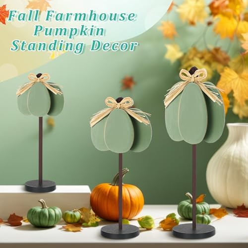 Thyle 3 Pcs Fall Pumpkin Decor, Wooden, Pale Green