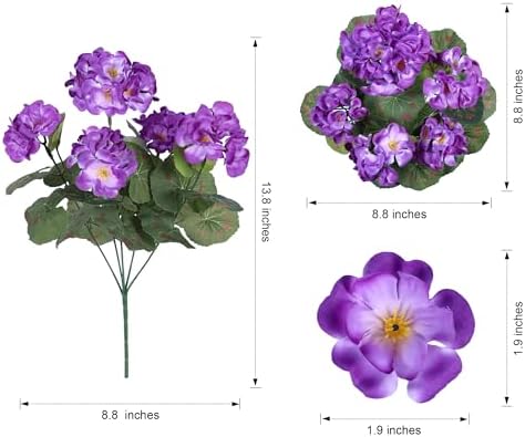 Artificial Geranium Fake Flowers for Outdoors Decoration, 6 Bundles Silk Geraniums Flower UV Resistant Look Real Faux Plants for Outside Planter Front Door Garden Patio Balcony Yard Home, Purple