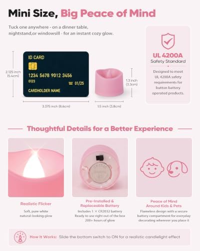 Homemory 12-Pack Pink Flameless Battery Tea Light Candles, 200+ Hours