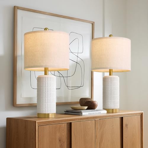 PoKat 21.5'' Stone-Like Bedside Table Lamps Set of 2 for Bedroom with 2 USB A+C, Modern Lamps for Living Room, Ceramic