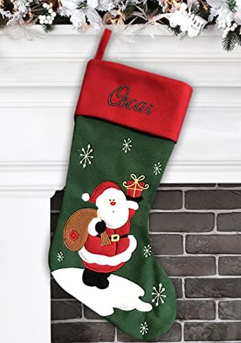 Personalized Christmas Stocking - Reindeer Design - Embroidered Name - Large 18.5inch, Traditional Red and Green, Family Holiday Season Décor