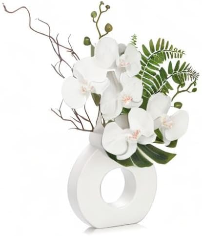 Ceramic Vase Faux Orchid Arrangement / White