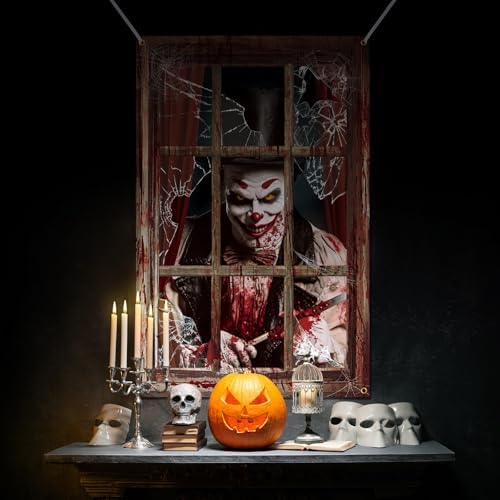 Newwiee 2 Pcs Scary Halloween Curtain Window Silhouette Cover Blood Clown