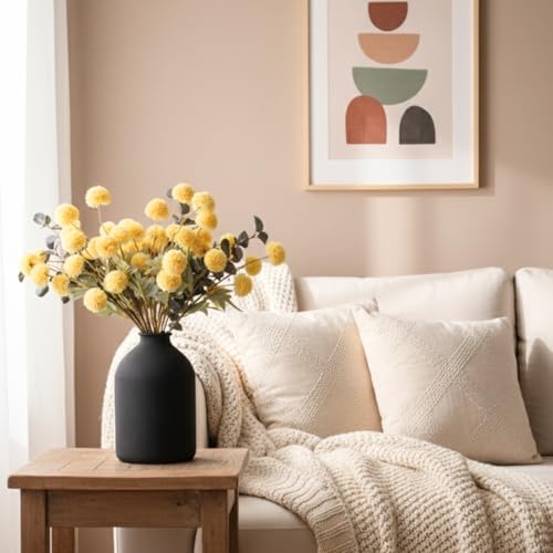 Yellow Flowers Artificial 10 Long Stems Kiku Flower With Eucalyptus