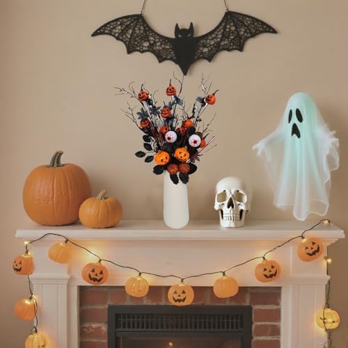 5PCS Halloween Decorations, Black Artificial Flowers, 21 Inch Artificial Pumpkin Maple Leaf Floral Stems Halloween Branches Decoration for Indoor Home Farmhouse Party Vase Arrangement Décor