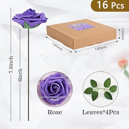 BLEUM CADE 16Pcs Artificial Flowers Fake Foam Roses with Stems for Wedding