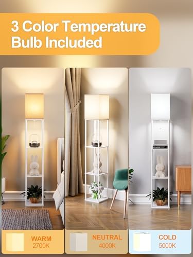 Floor Lamp with Shelves for Living Room White, Shelf Floor Lamp with 3 CCT LED Bulb, Corner Display Standing Column