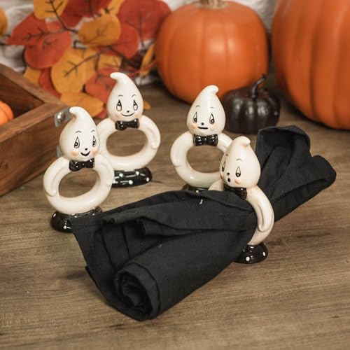 Transpac Friendly White Ghost 4.25 x 2.25 Ceramic Napkin Ring Holders Set of 4 (TH00337)