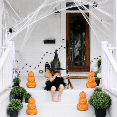 Evelyne Stacked Jack-O’-Lantern Pumpkin Decoration – 3-Tier Light-Up Halloween Gourd HDPE Plastic – Indoor/Outdoor Fall Decor with Happy Ghost Faces – Cute Pumpkin Tower for Porch Tabletop