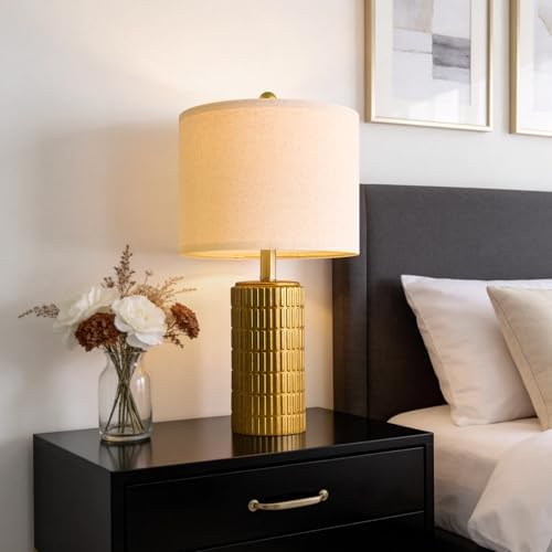 PoKat 20.75" Brass Gold Ceramic Table Lamps Set of 2 for Living Room, Small Retro Bedside Lamps for Bedroom, Nightstand