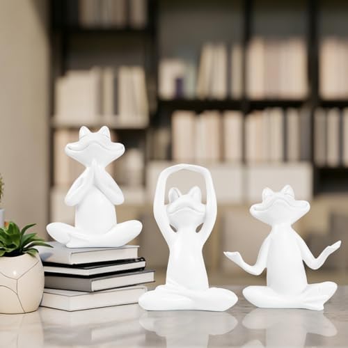 Suoedd White Frog Yoga Figurines 3 Pcs,Modern Decor for Shelf,Desk,Office