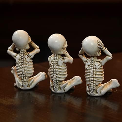 OwMell Set of 3 No Evil Skeletons Statue, Skull Figurine Gothic Home Décor