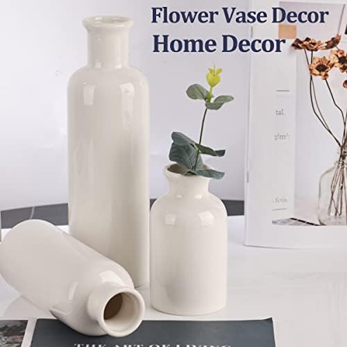 White Ceramic Vase Set - 3 White Small Vases, Farmhouse Country Flower Vase Home Decor, Living Room Decoration, Table